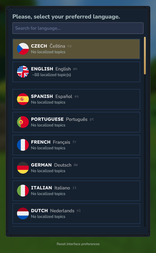Screenshot of the language selection menu
