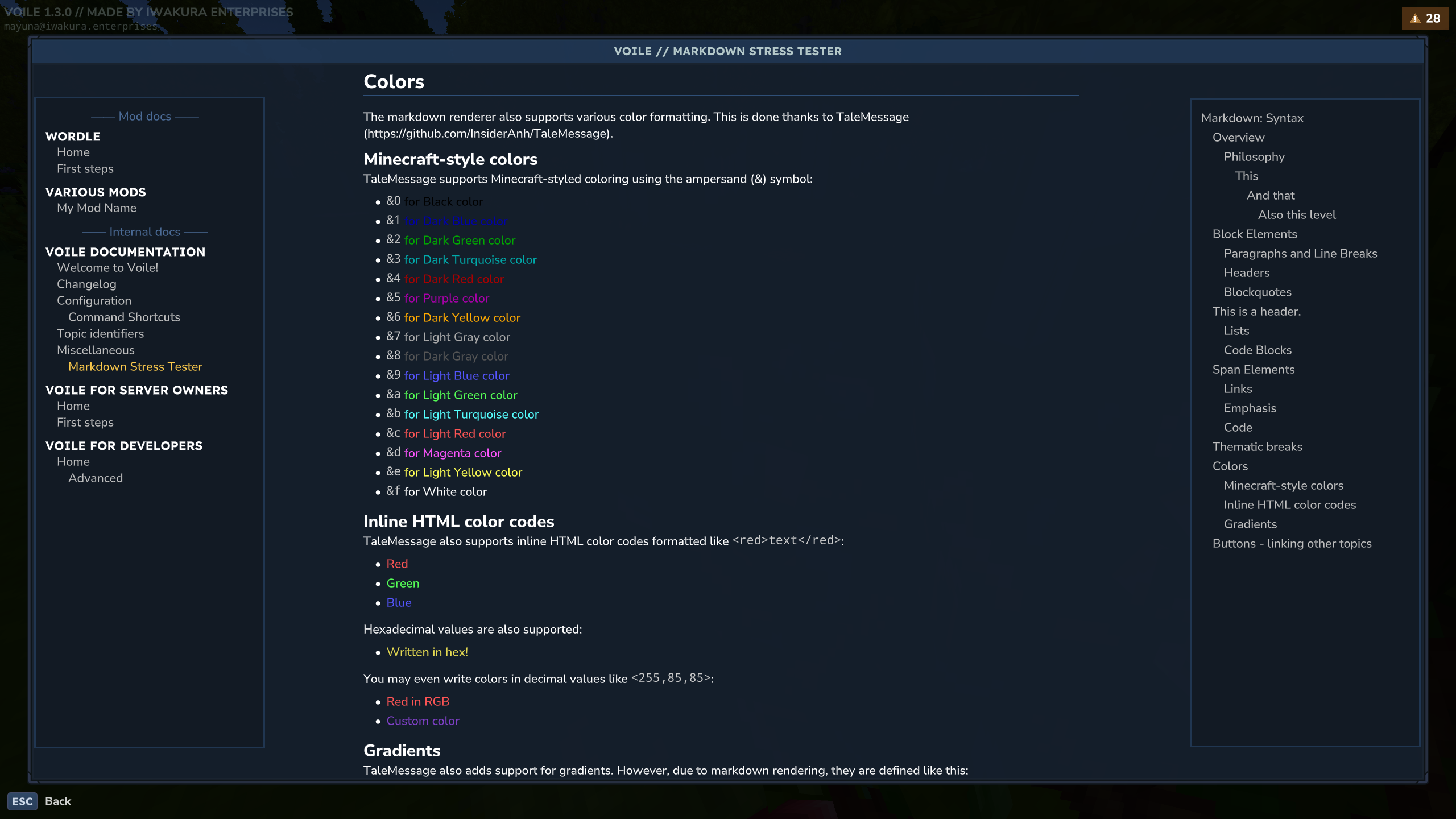 Voile formatting colors